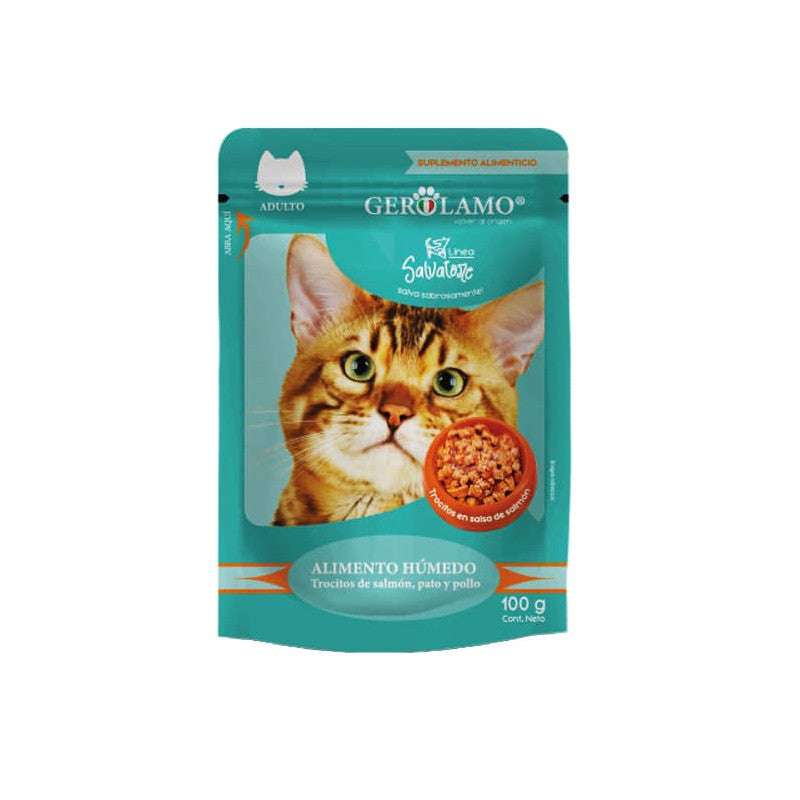 GEROLAMO Pouch Gato Adulto Trocitos Pollo, Salmón & Pato 100g