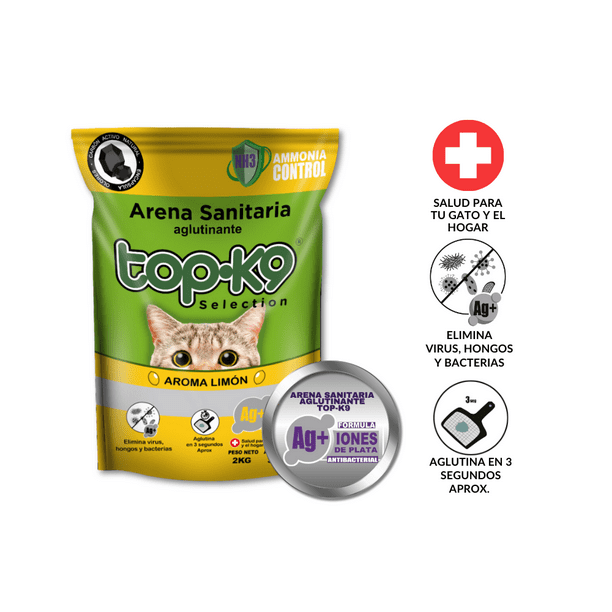 TOP-K9 Arena Aglutinante Iones de Plata/Carbón Activo 10kg - Limón