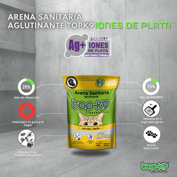 TOP-K9 Arena Aglutinante Iones de Plata/Carbón Activo 10kg - Limón
