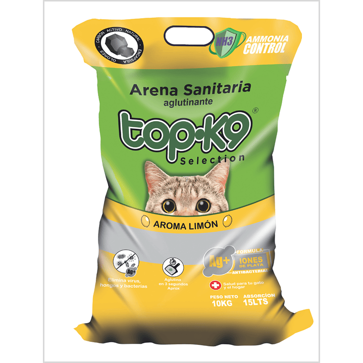 TOP-K9 Arena Aglutinante Iones de Plata/Carbón Activo 10kg - Limón